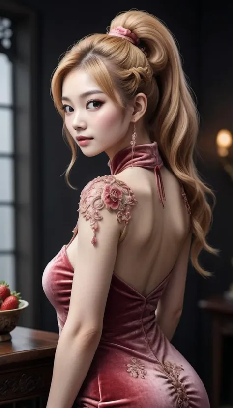 chinese woman with strawberry blonde high ponytail hairstyle, wearing a rose coloured velvet mermaid dress, embedding:OverallDetailXL