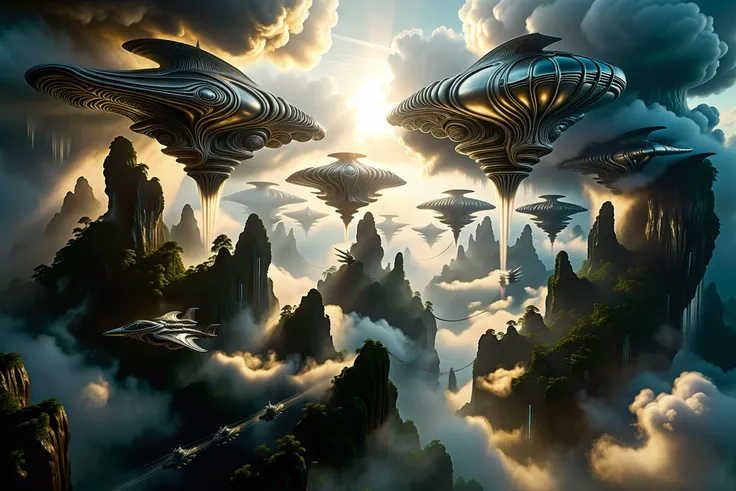 famous artwork inspired by (h. r. giger:1.1), ultra detailed, oil on canvas, a fleet of eccentric skyships sailing through the atmosphere of a distant planet, navigating between (towering cloud formations:1.2) and (floating islands:1.3), there are airships of ancient design with billowing sails as well as futuristic skyships with advanced propulsion systems, some airships are flying in formation, some airships' engines are leaving (trails of mist:1.3), the floating islands are covered in lush and tropical vegetation, dramatic scene, dappled lighting, crepuscular rays, volumetric lighting, volumetric fog, scenic, ovg, overall_detail-xl-by_kaleidia <lora:add-detail-xl:2.0> <lora:midjourney_mimic-xl-by_andrexsel:0.5> <lora:more_artful-xl:0.5> <lora:lyco-style-envydramaticlightingxl01_digital_art-xl:0.4> <lora:envybetterhiresfixxl01-xl:0.0:hr=1.0>