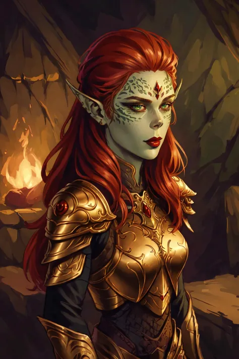 githyanki, female, solo, (long flowing ginger hair), pointy ears, armor, shoulder armor, portrait, pauldrons, green skin, (3/4 view), small breasts, beautiful face, eye shadow, red lipstick,
((masterpiece, best quality)), art by greg rutkowski, artwork trending on artstation <lora:githyanki_offset:0.85>, perfect body, photorealistic:1.3, (comic style:1.35), mature adult:1.35, fantasy art