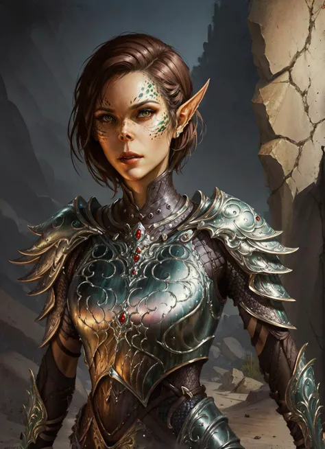 githyanki, female, solo, short hair, brown hair, pointy ears, armor, shoulder armor, portrait, pauldrons, green skin
, ((masterpiece, best quality)), art by greg rutkowski, artwork trending on artstation <lora:githyanki_offset:1>
