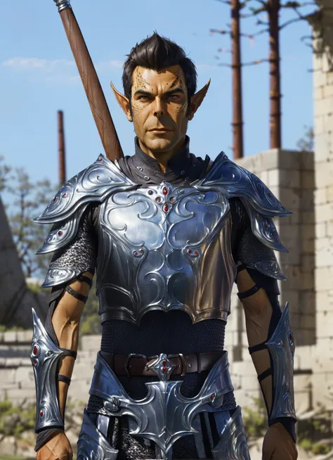 githyanki, solo, male, male focus, outdoors, belt, armor, blurry, blurry background, shoulder armor, pauldrons, weapon on back, upper body, pointy ears
, ((masterpiece, best quality)), art by greg rutkowski <lora:githyanki_offset:1>