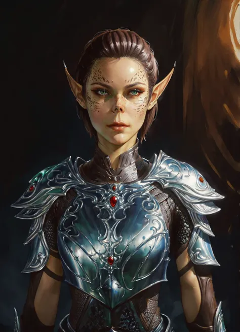 githyanki, female, solo, short hair, brown hair, pointy ears, armor, shoulder armor, portrait, pauldrons, green skin
, ((masterpiece, best quality)), art by greg rutkowski, artwork trending on artstation  <lora:githyanki_offset:1>