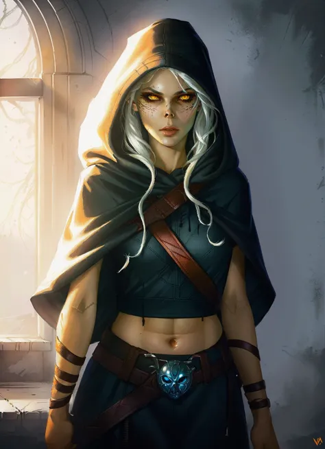 githyanki, female, pointy ears, solo, navel, hood, midriff, looking at viewer, long hair, cloak, green skin, breasts, white hair, hood up, cape, medium breasts, hooded cloak, belt, pouch, orange eyes, upper body, weapon, glowing eyes, lips, 
, ((masterpiece, best quality)), art by greg rutkowski, artwork trending on artstation  <lora:githyanki_offset:1>