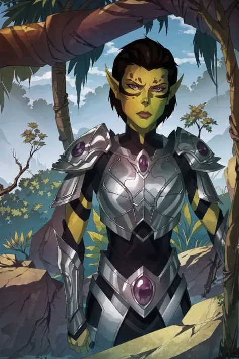 (githyanki:1.1), female, solo, short hair, brown hair, pointy ears, armor, shoulder armor, upper body, pauldrons, jungle, jungle ruins, jungle temple ruins, (orchids:0.9), <lora:githyanki_offset:1.0>, <lora:something_unlimited_v30anime:0.5>