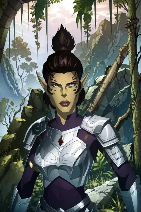 (githyanki:1.1), female, solo, short hair, brown hair, pointy ears, armor, shoulder armor, upper body, pauldrons, jungle, jungle ruins, jungle temple ruins, (orchids:0.9), <lora:githyanki_offset:1.0>, <lora:Invincible:0.4>