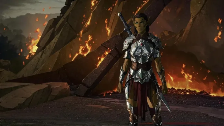 githyanki, 1girl, armor, boots, breastplate, dark-skinned_female, green_skin, full_body, looking_at_viewer, night, outdoors, pauldrons, pointy_ears, shoulder_armor,  sword, hell, fire, solo, standing, <lora:githyanki_offset:1>, <lora:Invincible:0.45>