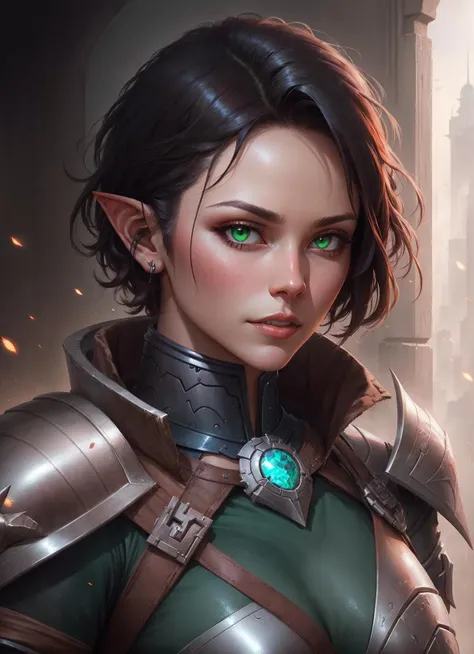 githyanki, female, solo, short hair, brown hair, pointy ears, armor, shoulder armor, portrait, pauldrons, green skin
, ((masterpiece, best quality)), art by greg rutkowski, artwork trending on artstation <lora:githyanki_offset:1>