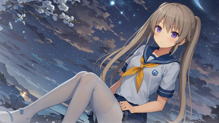 Arisaka Mashiro,1girl,twintails,long hair,school uniform,white skirt,white shirt,white pantyhose,,night sky,star fall,star,m legs,hidden hands',<lora:Mashirotest-66:0.4>