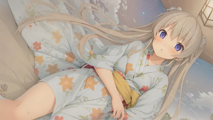 Arisaka Mashiro,1girl,twintails,long hair,yukata,night sky,star fall,star,yokozuwari,hidden hands',<lora:Mashirotest-66:0.5>