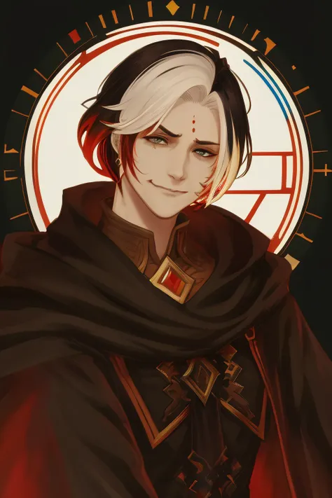 emet selch, solo, wavin, ffxiv, smirk, (multicolored hair:1.2), short hair <lora:HadesEmetSelch:0.8>