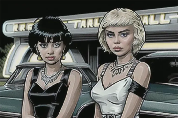 Miley Cyrus and Debbie Harry, messy black hair, wearing cocktail dress, 1957 weird Cadillac design concept, set in front of an Art Deco gas station on the Ozark Trail, evening at moonrise, <lora:akaburStyleLora_akaburAnythingV3Lora:0.65>