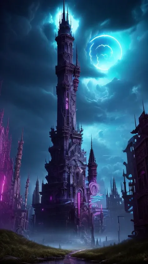 Neon noir,
Gothic style,
Masterwork Painting, Magnum Opus,
<lora:Wizard_Tower:0.75> witow, castle, cloud, cloudy sky, grass, no humans, scenery, sky, tower, tree,
<lora:Fantasy_Mountains:0.75> fanmou, footprints, forest, grass, nature, no humans, outdoors, sky ,
highres, 8k, uhd, High Dynamic Range, tonemapping, crisp details, intricate details, fine details,
. Dark, mysterious, haunting, dramatic, ornate, detailed,
. Cyberpunk, dark, rainy streets, neon signs, high contrast, low light, vibrant, highly detailed
