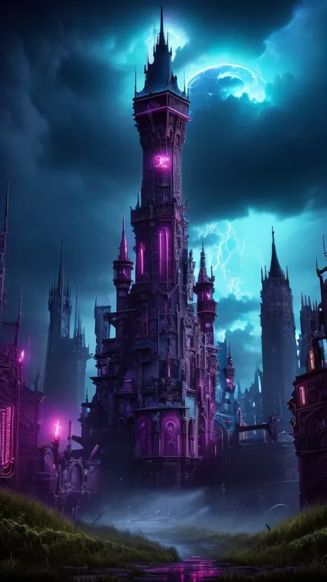 Neon noir,
Gothic style,
Masterwork Painting, Magnum Opus,
<lora:Wizard_Tower:0.75> witow, castle, cloud, cloudy sky, grass, no humans, scenery, sky, tower, tree,
<lora:Fantasy_Mountains:0.75> fanmou, footprints, forest, grass, nature, no humans, outdoors, sky ,
highres, 8k, uhd, High Dynamic Range, tonemapping, crisp details, intricate details, fine details,
. Dark, mysterious, haunting, dramatic, ornate, detailed,
. Cyberpunk, dark, rainy streets, neon signs, high contrast, low light, vibrant, highly detailed