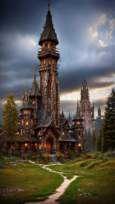 Tribal style,
Gothic style,
Masterwork Painting, Magnum Opus,
<lora:Wizard_Tower:0.75> witow, castle, cloud, cloudy sky, grass, no humans, scenery, sky, tower, tree,
<lora:Fantasy_Mountains:0.75> fanmou, footprints, forest, grass, nature, no humans, outdoors, sky ,
highres, 8k, uhd, High Dynamic Range, tonemapping, crisp details, intricate details, fine details,
. Dark, mysterious, haunting, dramatic, ornate, detailed,
. Indigenous, ethnic, traditional patterns, bold, natural colors, highly detailed