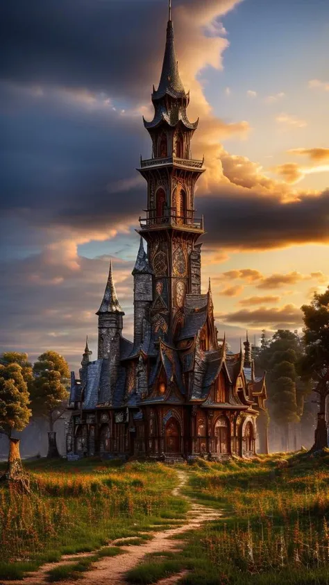 Tribal style,
Gothic style,
Masterwork Painting, Magnum Opus,
<lora:Wizard_Tower:0.75> witow, castle, cloud, cloudy sky, grass, no humans, scenery, sky, tower, tree,
<lora:Fantasy_Mountains:0.75> fanmou, footprints, forest, grass, nature, no humans, outdoors, sky ,
highres, 8k, uhd, High Dynamic Range, tonemapping, crisp details, intricate details, fine details,
. Dark, mysterious, haunting, dramatic, ornate, detailed,
. Indigenous, ethnic, traditional patterns, bold, natural colors, highly detailed