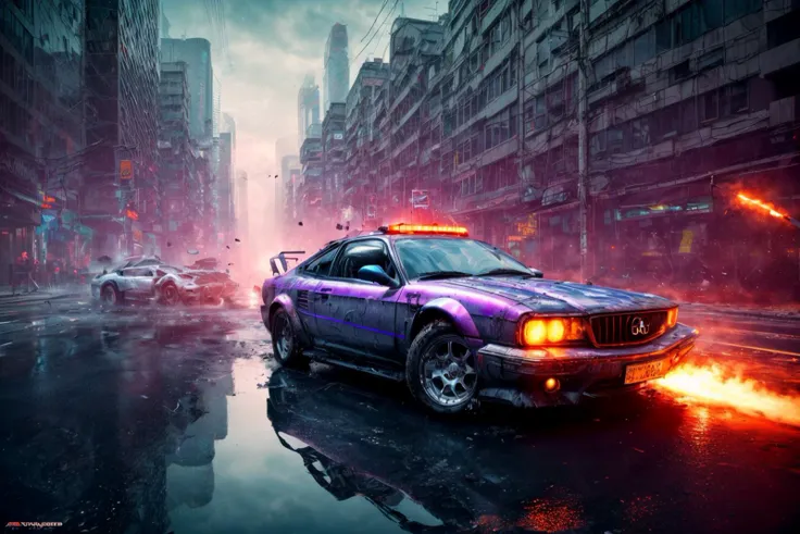 (RAW photo, 8k uhd, Analog style, Masterpiece, Best Quality, Highres:1.3), (dramatic, cinematic:1.2), BREAK,
shot of (ultra-detailed:1.1) (military:1.4) (cyberpunk:1.3) (battlecar:1.35) (armed with turret machine gun and grenade launchers:1.33) (rushing:1.3) through (cyberpunk city street:1.35), ((glossy:1.1) technological futuristic design:1.2), (drifting:1.3) (sportcar:0.3), (neon lights:1.1), (wet asphalt, reflections:1.2), (firing tires:1.35), (water splash, puddles:1.32), (debris:1.32), (steam:1.3), (frightened:1.1) (pedestrians:1.4), (bright day:1.15), (daytime:1.15) (cloudy sky, (rain:1.1):1.2), (skyscrapers:1.15), BREAK,
(photorealistic:1.2), (dutch angle:1.4), (light particles, colorful:1.2), (action moviee, dynamic composition, fast, chasing:1.3), (motion blur, motion lines:1.3), (cyberpunk, science fiction, blockbuster, military vehicle, volumetric light:1.3), (daylight:1.2) (noir:0.5) (urban atmosphere, vehicle focus, cinematic tone, shiny, glowing, intricate, electricity, red purple aqua color scheme, graffiti, (dust:1.1), no humans:1.2), BREAK,
<lora:more_details:1.0>,
<lora:zoom_slider_v1:2.0>