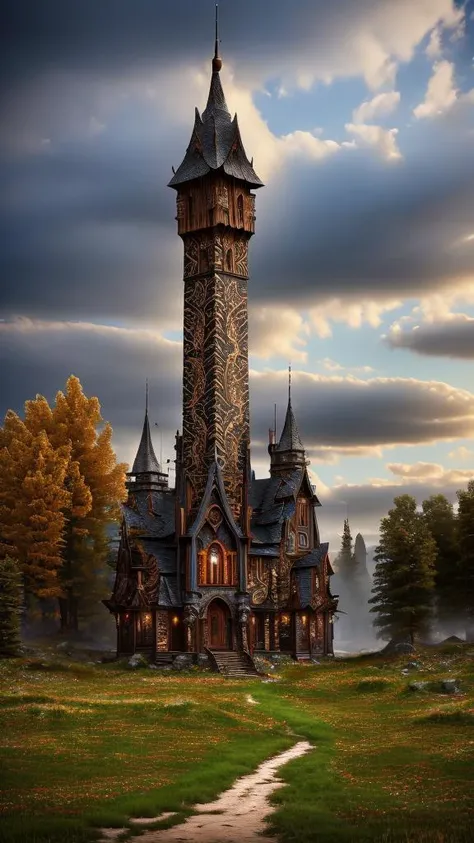 Tribal style,
Gothic style,
Masterwork Painting, Magnum Opus,
<lora:Wizard_Tower:0.75> witow, castle, cloud, cloudy sky, grass, no humans, scenery, sky, tower, tree,
<lora:Fantasy_Mountains:0.75> fanmou, footprints, forest, grass, nature, no humans, outdoors, sky ,
highres, 8k, uhd, High Dynamic Range, tonemapping, crisp details, intricate details, fine details,
. Dark, mysterious, haunting, dramatic, ornate, detailed,
. Indigenous, ethnic, traditional patterns, bold, natural colors, highly detailed
