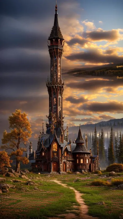 Tribal style,
Gothic style,
Masterwork Painting, Magnum Opus,
<lora:Wizard_Tower:0.75> witow, castle, cloud, cloudy sky, grass, no humans, scenery, sky, tower, tree,
<lora:Fantasy_Mountains:0.75> fanmou, footprints, forest, grass, nature, no humans, outdoors, sky ,
highres, 8k, uhd, High Dynamic Range, tonemapping, crisp details, intricate details, fine details,
. Dark, mysterious, haunting, dramatic, ornate, detailed,
. Indigenous, ethnic, traditional patterns, bold, natural colors, highly detailed