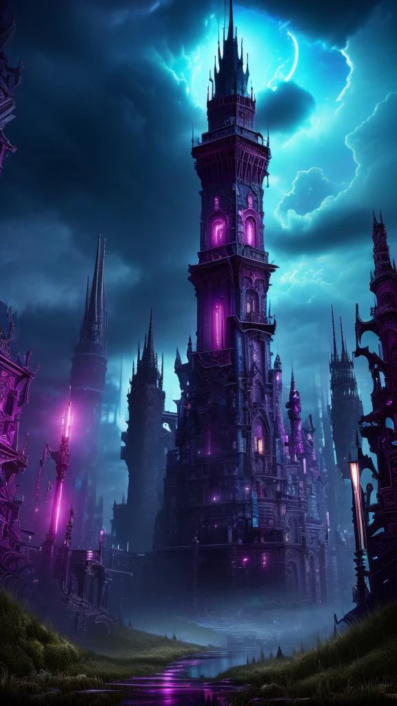 Neon noir,
Gothic style,
Masterwork Painting, Magnum Opus,
<lora:Wizard_Tower:0.75> witow, castle, cloud, cloudy sky, grass, no humans, scenery, sky, tower, tree,
<lora:Fantasy_Mountains:0.75> fanmou, footprints, forest, grass, nature, no humans, outdoors, sky ,
highres, 8k, uhd, High Dynamic Range, tonemapping, crisp details, intricate details, fine details,
. Dark, mysterious, haunting, dramatic, ornate, detailed,
. Cyberpunk, dark, rainy streets, neon signs, high contrast, low light, vibrant, highly detailed