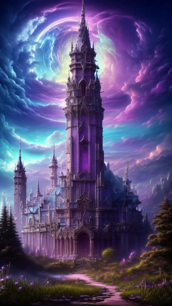 Gothic style,
neonpunk style,
ethereal fantasy concept art of
Masterwork Painting, Magnum Opus,
<lora:Wizard_Tower:0.75> witow, castle, cloud, cloudy sky, grass, no humans, scenery, sky, tower, tree, <lora:Fantasy_Mountains:0.75> fanmou, footprints, forest, grass, nature, no humans, outdoors, sky, tree,
highres, 8k, uhd, High Dynamic Range, tonemapping, crisp details, intricate details, fine details,
. magnificent, celestial, ethereal, painterly, epic, majestic, magical, fantasy art, cover art, dreamy,
. cyberpunk, vaporwave, neon, vibes, vibrant, stunningly beautiful, crisp, detailed, sleek, ultramodern, magenta highlights, dark purple shadows, high contrast, cinematic, ultra detailed, intricate, professional,
. Dark, mysterious, haunting, dramatic, ornate, detailed