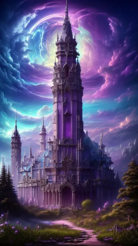 Gothic style, 
neonpunk style, 
ethereal fantasy concept art of  
Masterwork Painting, Magnum Opus, 
 <lora:Wizard_Tower:0.75> witow, castle, cloud, cloudy sky, grass, no humans, scenery, sky, tower, tree, <lora:Fantasy_Mountains:0.75> fanmou, footprints, forest, grass, nature, no humans, outdoors, sky, tree,
  highres, 8k, uhd, High Dynamic Range, tonemapping, crisp details,  intricate details, fine details,
. magnificent, celestial, ethereal, painterly, epic, majestic, magical, fantasy art, cover art, dreamy,
. cyberpunk, vaporwave, neon, vibes, vibrant, stunningly beautiful, crisp, detailed, sleek, ultramodern, magenta highlights, dark purple shadows, high contrast, cinematic, ultra detailed, intricate, professional,
. Dark, mysterious, haunting, dramatic, ornate, detailed