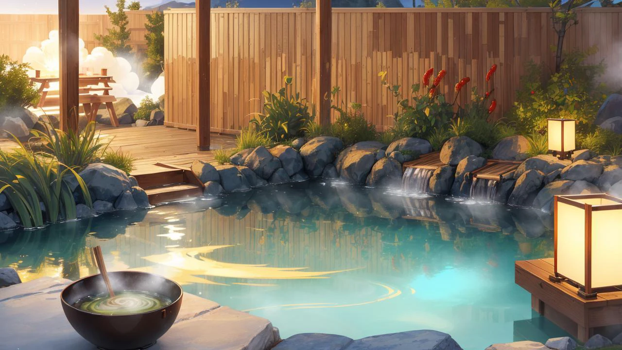 (((8k, RAW photo, best quality, masterpiece:1.2), ((hot onsen)), steam, Hot cup ramen, food, noodlesstone, wood_cup, fur plate,sunbeam, reflection, light particles, matcha \(food\), chili pepper, water)), pixel art, fox, pet,green_water,chopsticks, bamboo steamer, gm_thicklines, <lora:GMThickLines:0.9>, hot water,no humans,