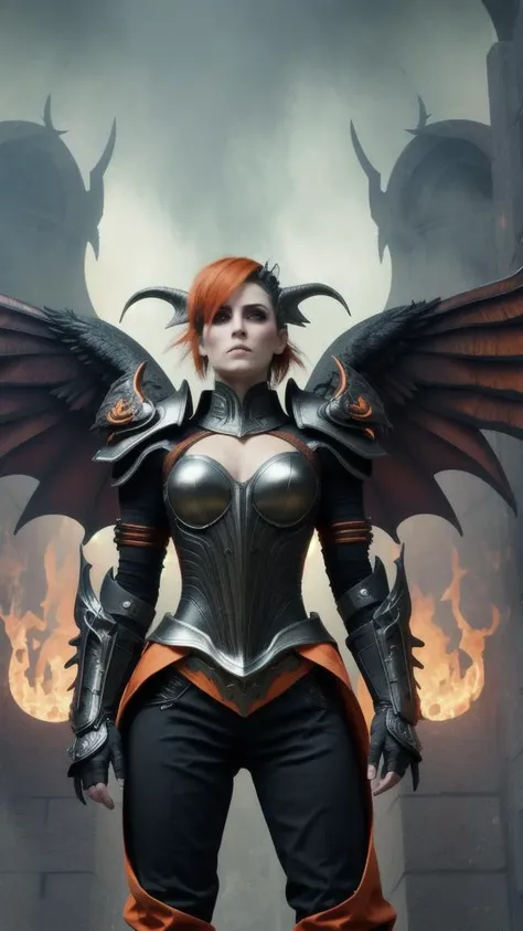 8k,hires,masterpiece,highest quality,necromancer,burning indoors dark gothic church background,purpe feathered hair cut,large highly detailed ornamented (ash gray bat wings:1.2),(intricate burnt orange blush corsett pants:1.2),cross laced armor boots,dominant posture,seductive gaze,silver horns,realistic folds fabric,diabolic smile,flirting,dramatic cinematic volumetric lighting,low angle shot,realistic photograph,highest detailed face,fire,