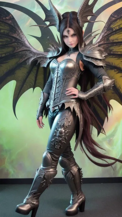 8k,hires,masterpiece,highest quality,demoness,burning indoors dark gothic church background,purpe feathered hair cut,large highly detailed ornamented (ash gray bat wings:1.2),(intricate honeydew spring green corsett pants:1.2),cross laced armor boots,dominant posture,seductive gaze,silver horns,realistic folds fabric,diabolic smile,flirting,dramatic cinematic volumetric lighting,low angle shot,realistic photograph,highest detailed face,fire,
