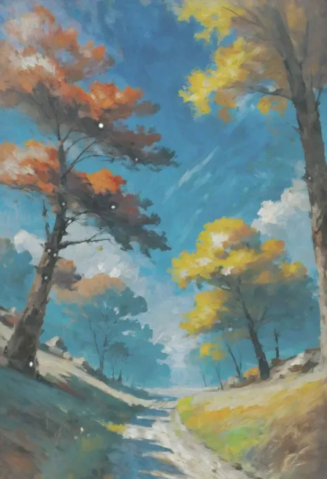 oil painting, photoshop rough oil brush set, noon, scenery, in a Wanderer's Trail, vibrant color scheme<lora:rough-oil-sat-mega-adam-e-000022:1>