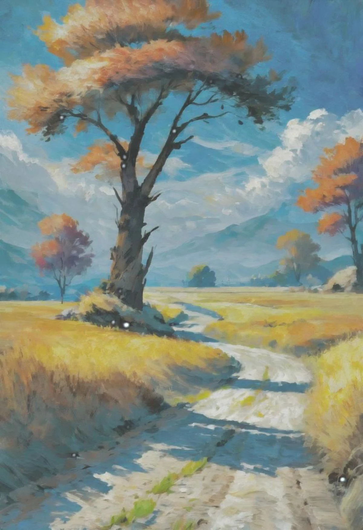 oil painting, photoshop rough oil brush set, noon, scenery, in a Wanderer's Trail, vibrant color scheme<lora:rough-oil-sat-mega-adam-e-000022:1>