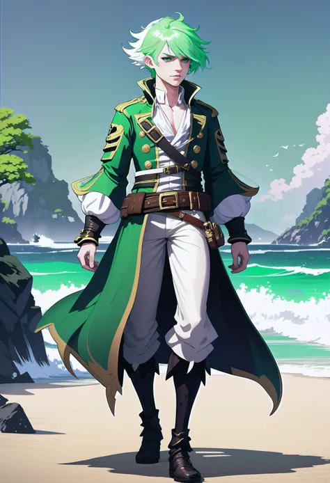 rough digital painting, (full body:1.2), 1boy, man, handsome, solo, [:epic costume design,:0.2] pirate, , albino, sea green hair, (average:1) build, simple background, jrpg character concept art