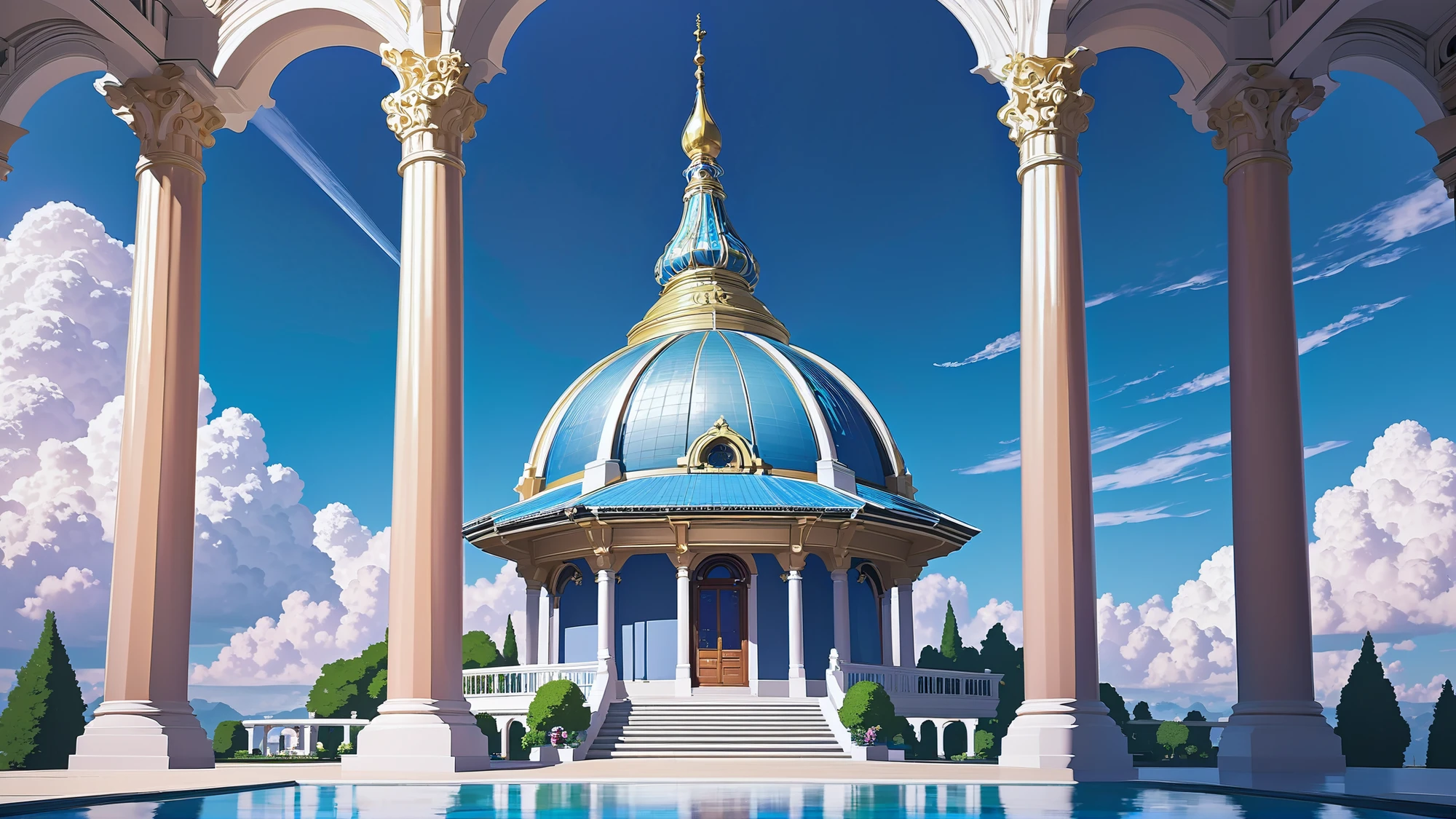 noon, blue sky, clouds, architecture, "at the Polished Resplendent Sanctum"