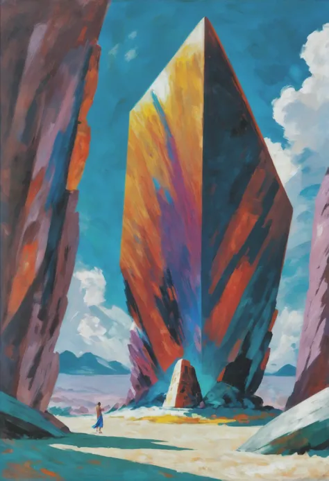oil on canvas, ultra vibrant pigments, noon, architecture, "at the Blazing shattered Megalith", vibrant color scheme<lora:EnvyAnimeOilXL01:1.0>