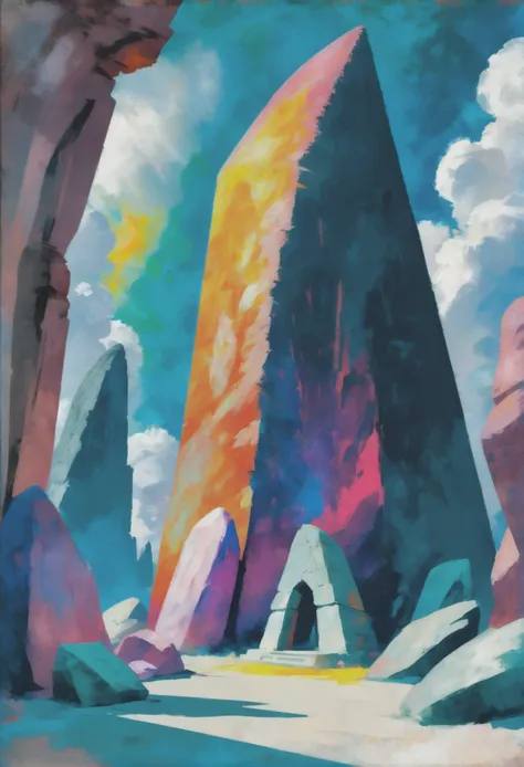 oil pastel art, photoshop oil pastel brush set, noon, architecture, "at the Blazing shattered Megalith", vibrant color scheme<lora:EnvyAnimeOilXL01:1.0>
