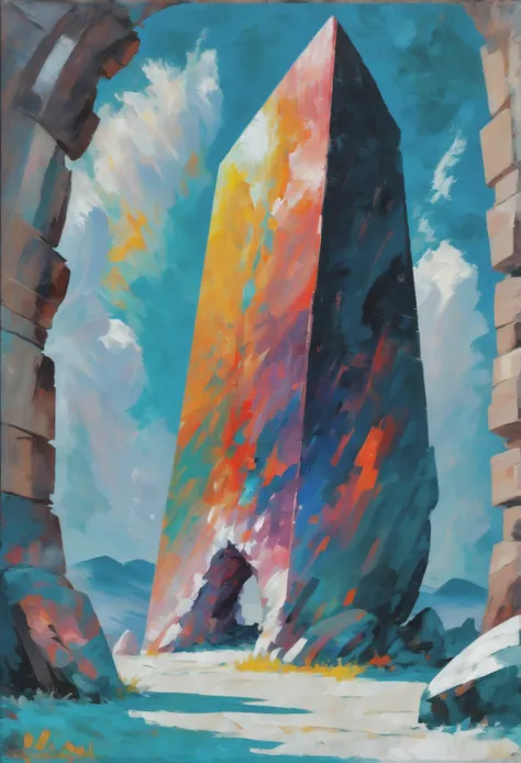 palette knife on canvas, thick oil paint, noon, architecture, "at the Blazing shattered Megalith", vibrant color scheme<lora:EnvyAnimeOilXL01:1.0>