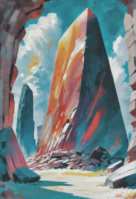 copic marker painting, photoshop copic marker brush set, noon, architecture, "at the Blazing shattered Megalith", vibrant color scheme<lora:EnvyAnimeOilXL01:1.0>