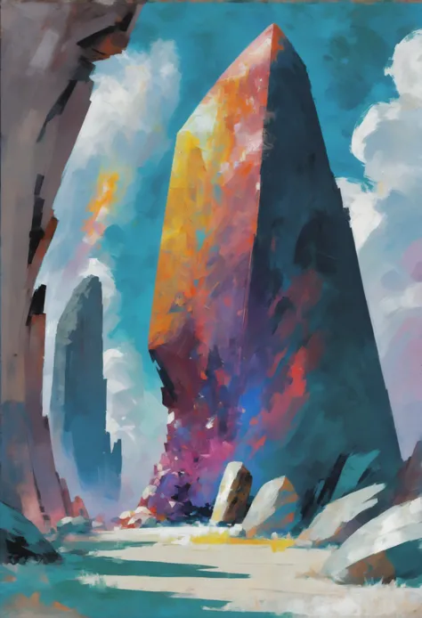 oil painting, photoshop thick palette knife brush set, noon, architecture, "at the Blazing shattered Megalith", vibrant color scheme<lora:EnvyAnimeOilXL01:1.0>