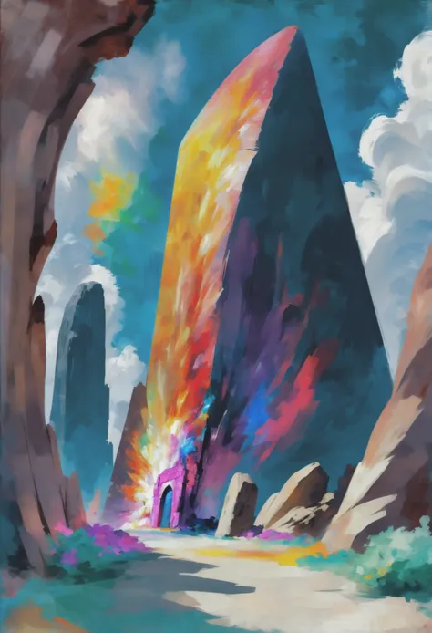 finger paint painting, photoshop finger paint brush set, noon, architecture, "at the Blazing shattered Megalith", vibrant color scheme<lora:EnvyAnimeOilXL01:1.0>