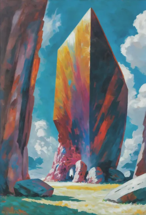 oil on canvas, ultra vibrant pigments, noon, architecture, "at the Blazing shattered Megalith", vibrant color scheme<lora:EnvyAnimeOilXL01:1.0>