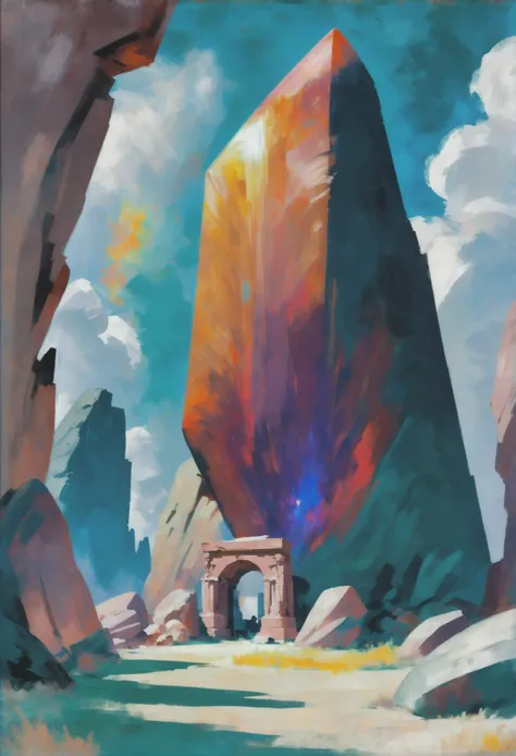 oil painting, photoshop thick acrylic brush set, noon, architecture, "at the Blazing shattered Megalith", vibrant color scheme<lora:EnvyAnimeOilXL01:1.0>