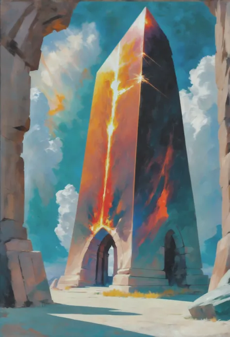 oil on canvas, professional quality pigments, noon, architecture, "at the Blazing shattered Megalith", vibrant color scheme<lora:EnvyAnimeOilXL01:1.0>