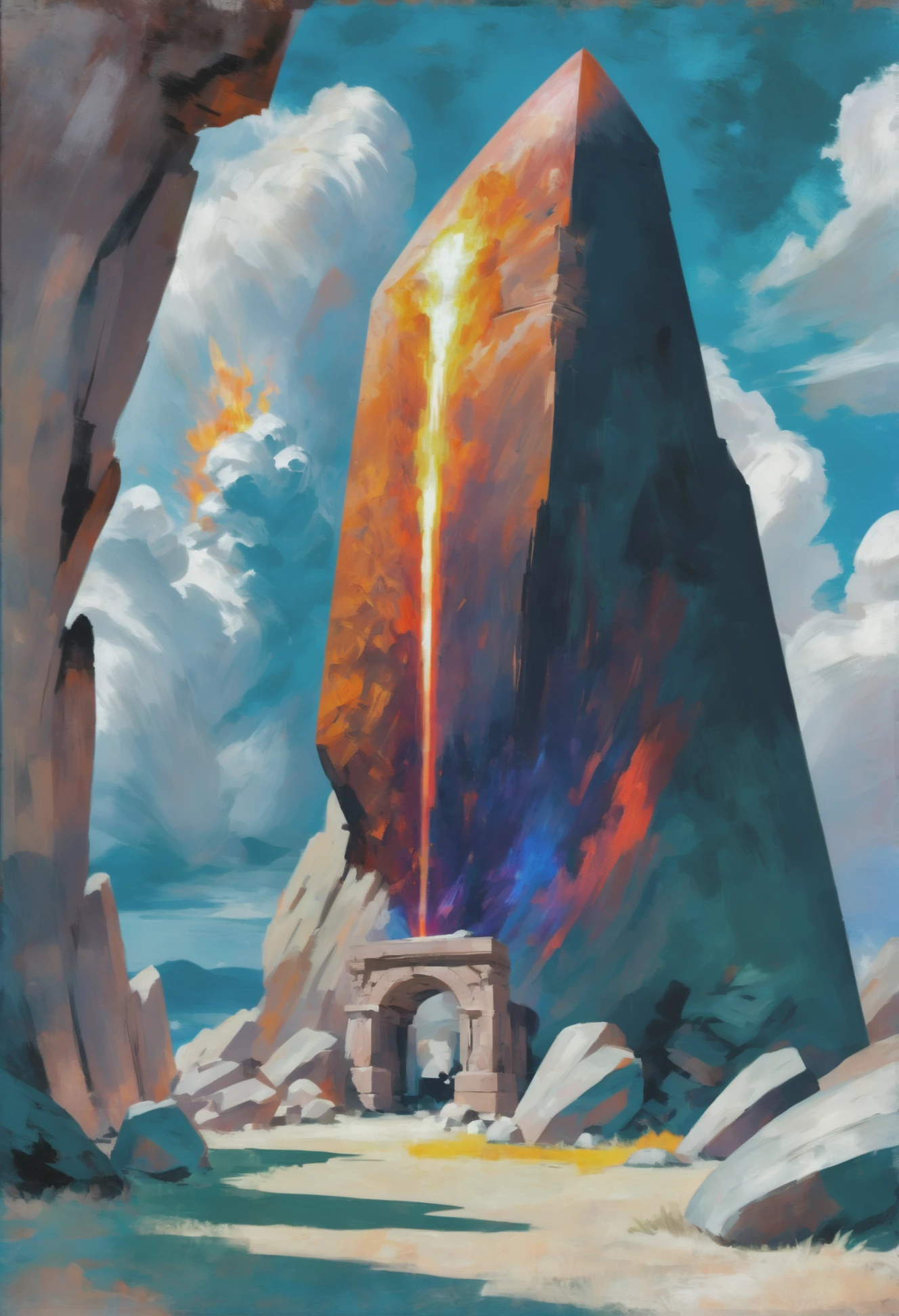 oil painting, photoshop thick realistic oil brush set, noon, architecture, "at the Blazing shattered Megalith", vibrant color scheme<lora:EnvyAnimeOilXL01:1.0>