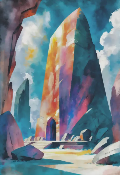 watercolor pencil painting, photoshop watercolor pencil brush set, noon, architecture, "at the Blazing shattered Megalith", vibrant color scheme<lora:EnvyAnimeOilXL01:1.0>