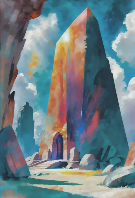oil painting, photoshop watercolor pencil brush set, noon, architecture, "at the Blazing shattered Megalith", vibrant color scheme<lora:EnvyAnimeOilXL01:1.0>