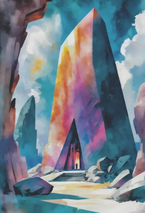 watercolor painting, photoshop watercolor brush set, noon, architecture, "at the Blazing shattered Megalith", vibrant color scheme<lora:EnvyAnimeOilXL01:1.0>