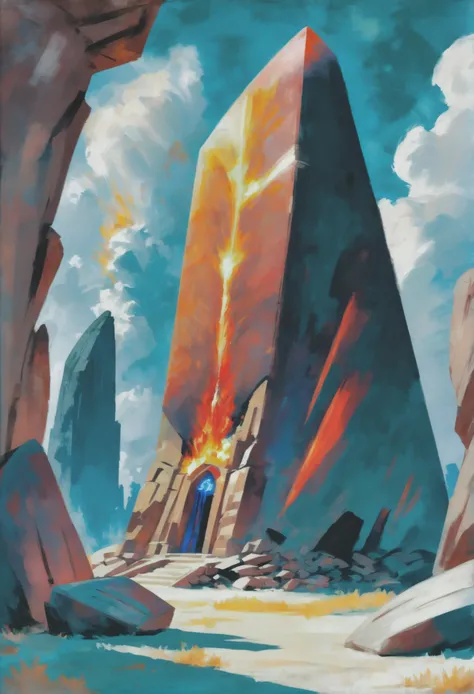 oil painting, photoshop copic marker brush set, noon, architecture, "at the Blazing shattered Megalith", vibrant color scheme<lora:EnvyAnimeOilXL01:1.0>