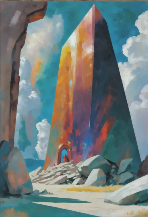 oil on canvas, professional grade oil paint, noon, architecture, "at the Blazing shattered Megalith", vibrant color scheme<lora:EnvyAnimeOilXL01:1.0>