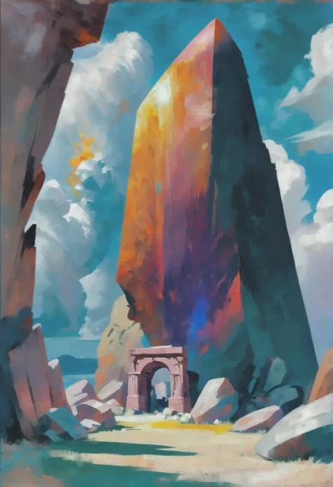 oil painting, photoshop thick oil brush set, noon, architecture, "at the Blazing shattered Megalith", vibrant color scheme<lora:EnvyAnimeOilXL01:1.0>