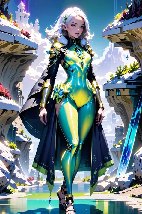 elegant scifi digital painting, Female Temporal Grace plugsuit, Crystal Caverns Warlock Robe with Geode Pockets: Translucent crystals are woven into the fabric, and pockets crafted from colorful geodes shimmer with an internal glow., iridescent green robes with intricate subsurface scattering neon green patterns, golden hour, blue sky, clouds, scenery, in a Vernal Pool<lora:EnvySputnikXL01:1>