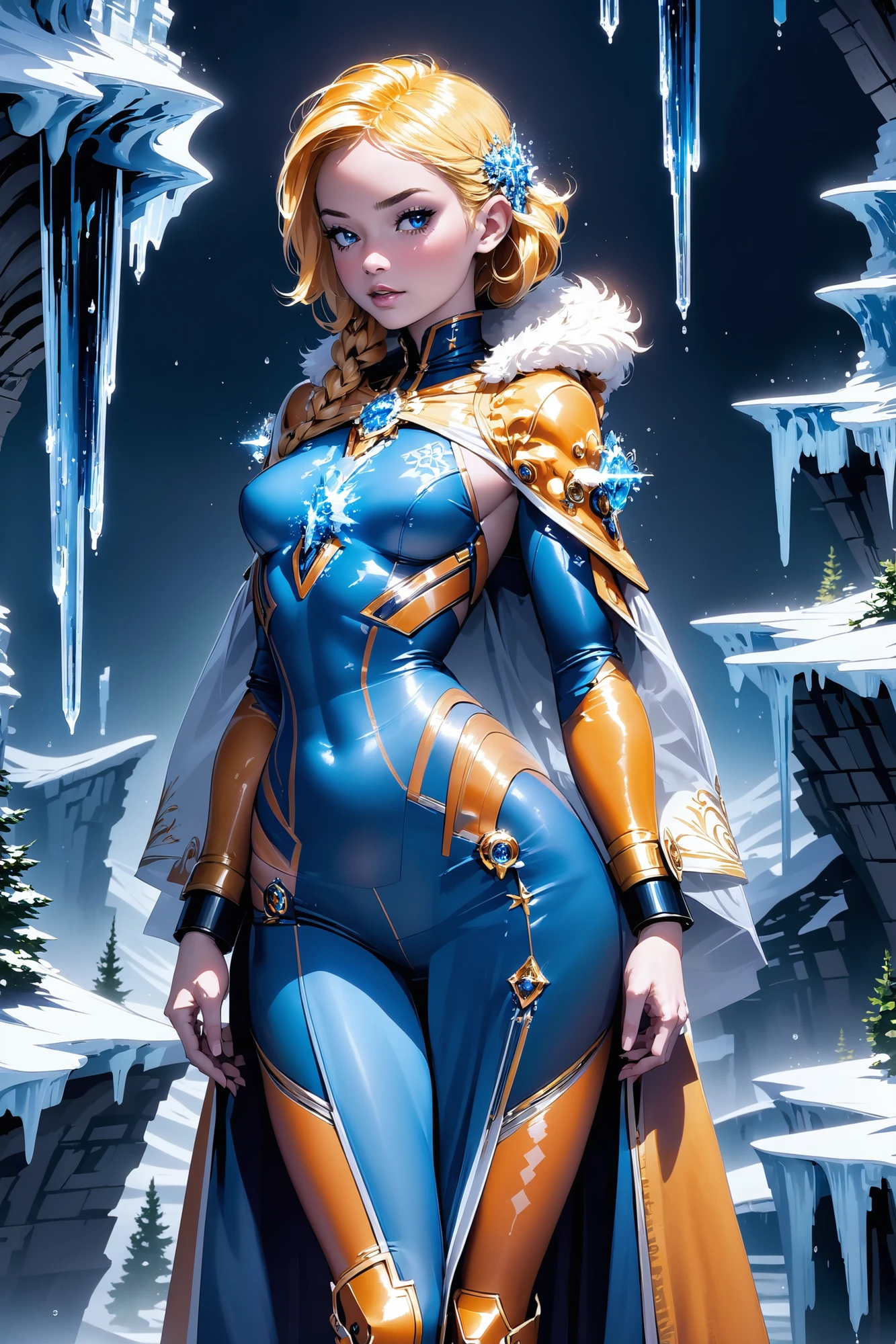 elegant scifi digital painting, Female Temporal Gleam plugsuit, Frozen Glacier Priestess Robe with Icicle Fringes: The robe has the shimmering blue hue of ancient ice, with genuine icicles hanging gracefully as fringe decorations., reflective deep goldenrod robes with intricate glimmering orange patterns, noon, scenery, "at the Smoky far-future Multiverse"<lora:EnvySputnikXL01:1>